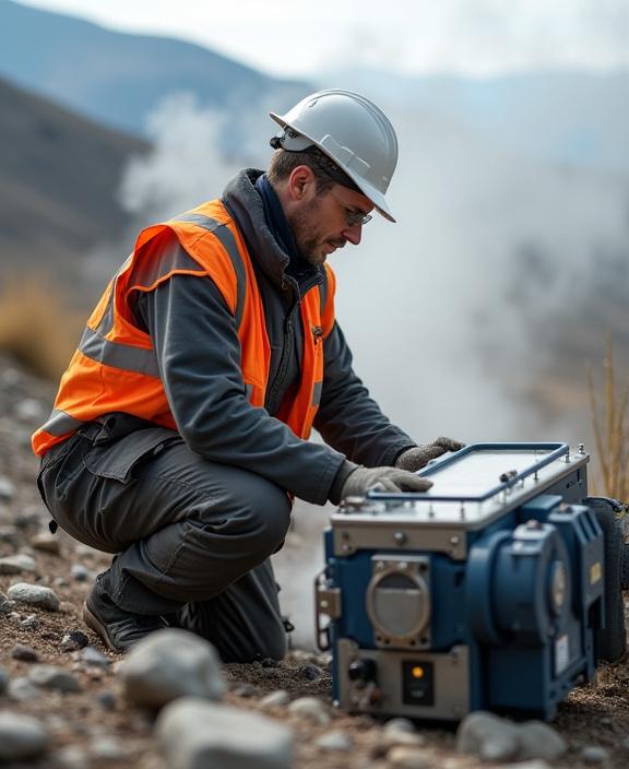 A Peak Ponder technician installing equipment in a rugged outdoor setting