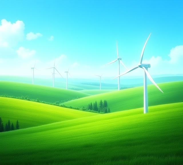 Lush green valley with wind turbines and clear skies, symbolizing clean energy.